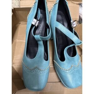 Vintage Burnt Flower T-Strap Chunky Heel Blue Shoes Size 39 or 7.5 US